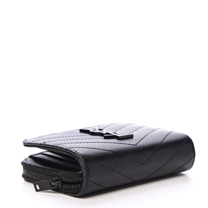 Saint Laurent Grain De Poudre Matelasse Chevron Monogram Compact Zip Around Wallet Black 3 of 11
