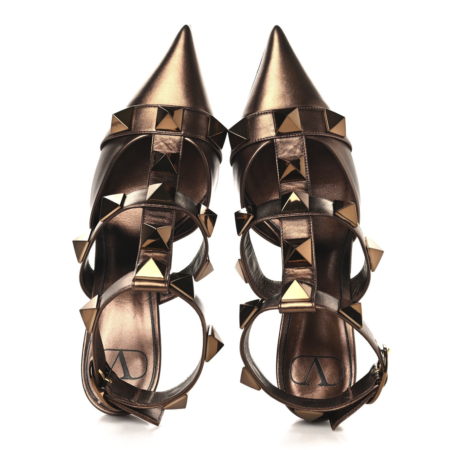 Metallic Calfskin Roman Stud Ankle Strap 80mm Pumps 39 Bronze