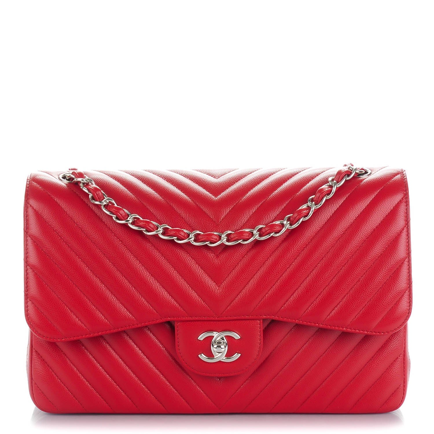 Chanel Caviar Chevron Quilted Jumbo Double Flap Red 1 of 8