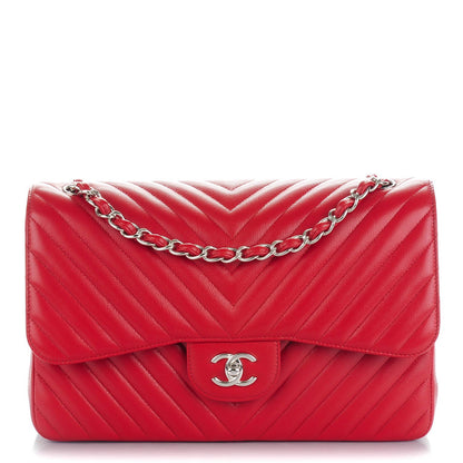 Chanel Caviar Chevron Quilted Jumbo Double Flap Red 1 of 8