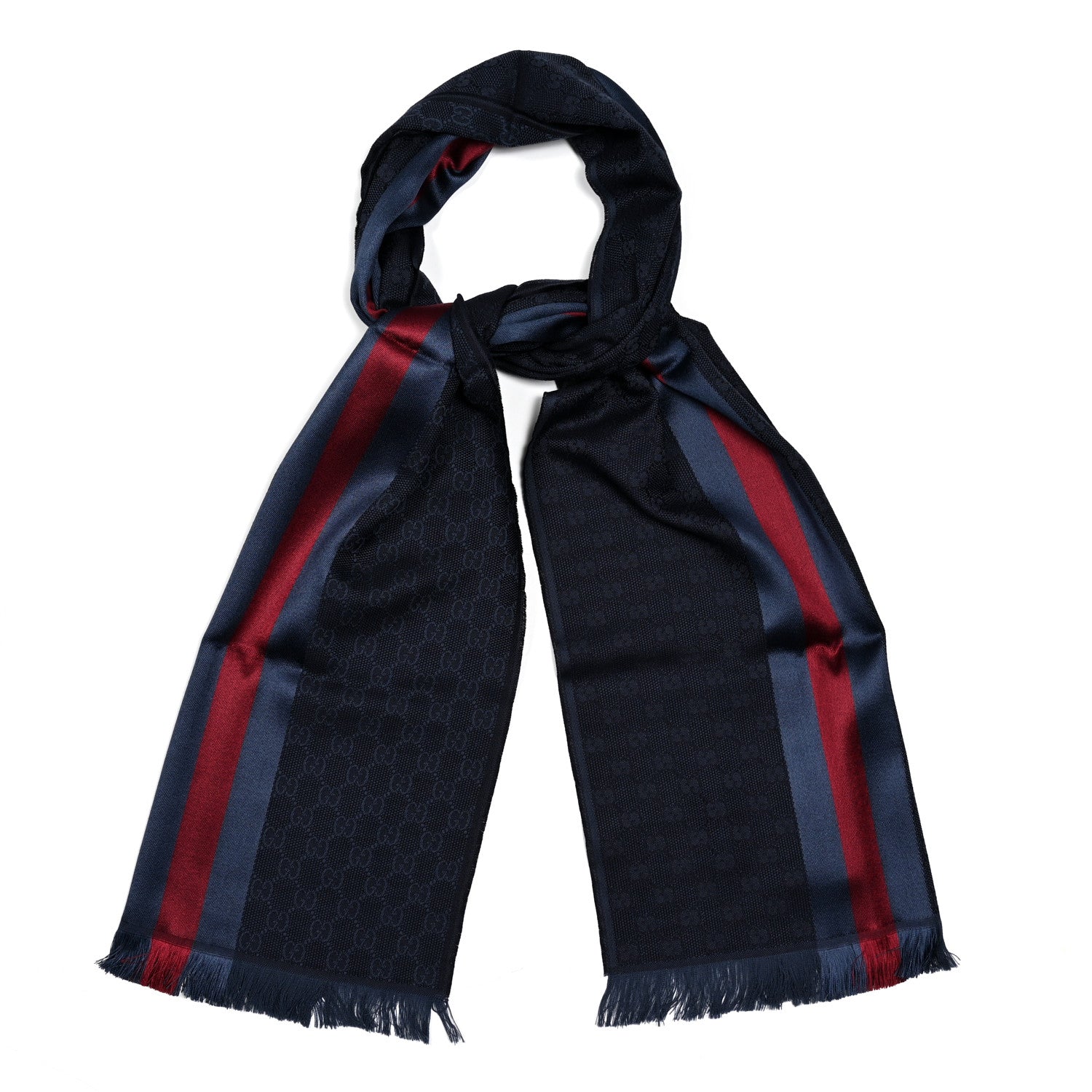 Gucci Wool Silk GG Monogram Web Verbiere Fringe Scarf Navy Blue 1 of 4