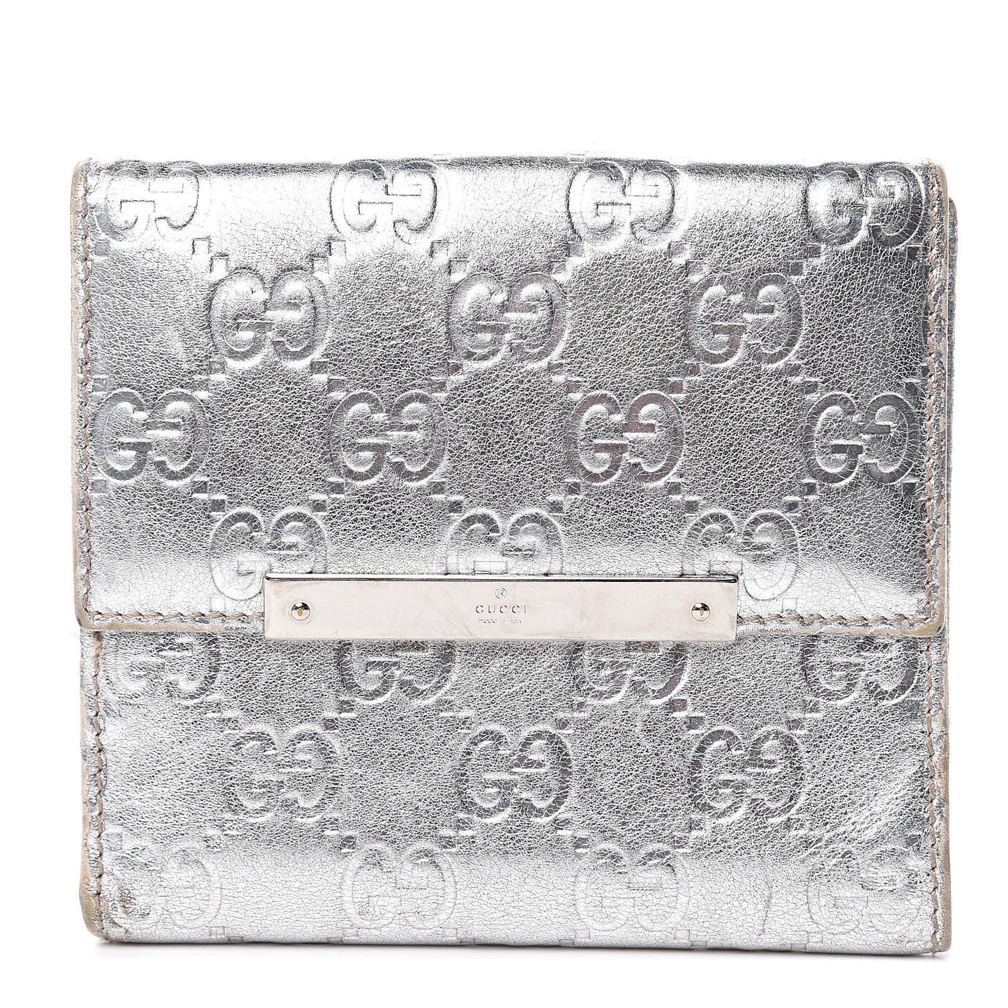 Metallic Guccissima Metal Bar French Flap Wallet Silver