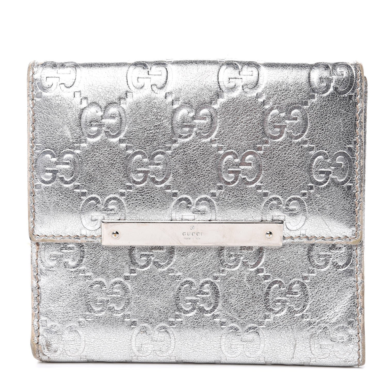 Gucci Metallic Guccissima Metal Bar French Flap Wallet Silver 1 of 13
