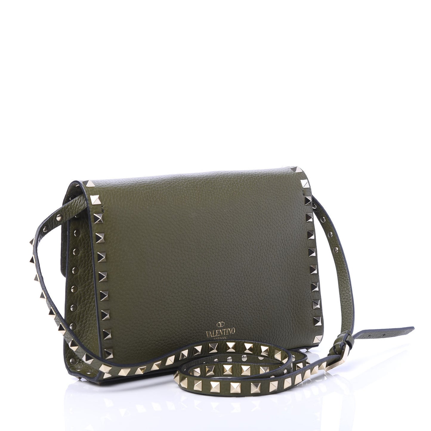 Pebbled Calfskin Medium Rockstud Flip Lock Crossbody Bag Army Green