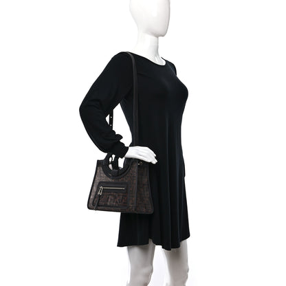 Fendi Mesh Vitello Century Cuoio FF 1974 Small Runaway Shopper Tote Marrone Black Ebano 2 of 8