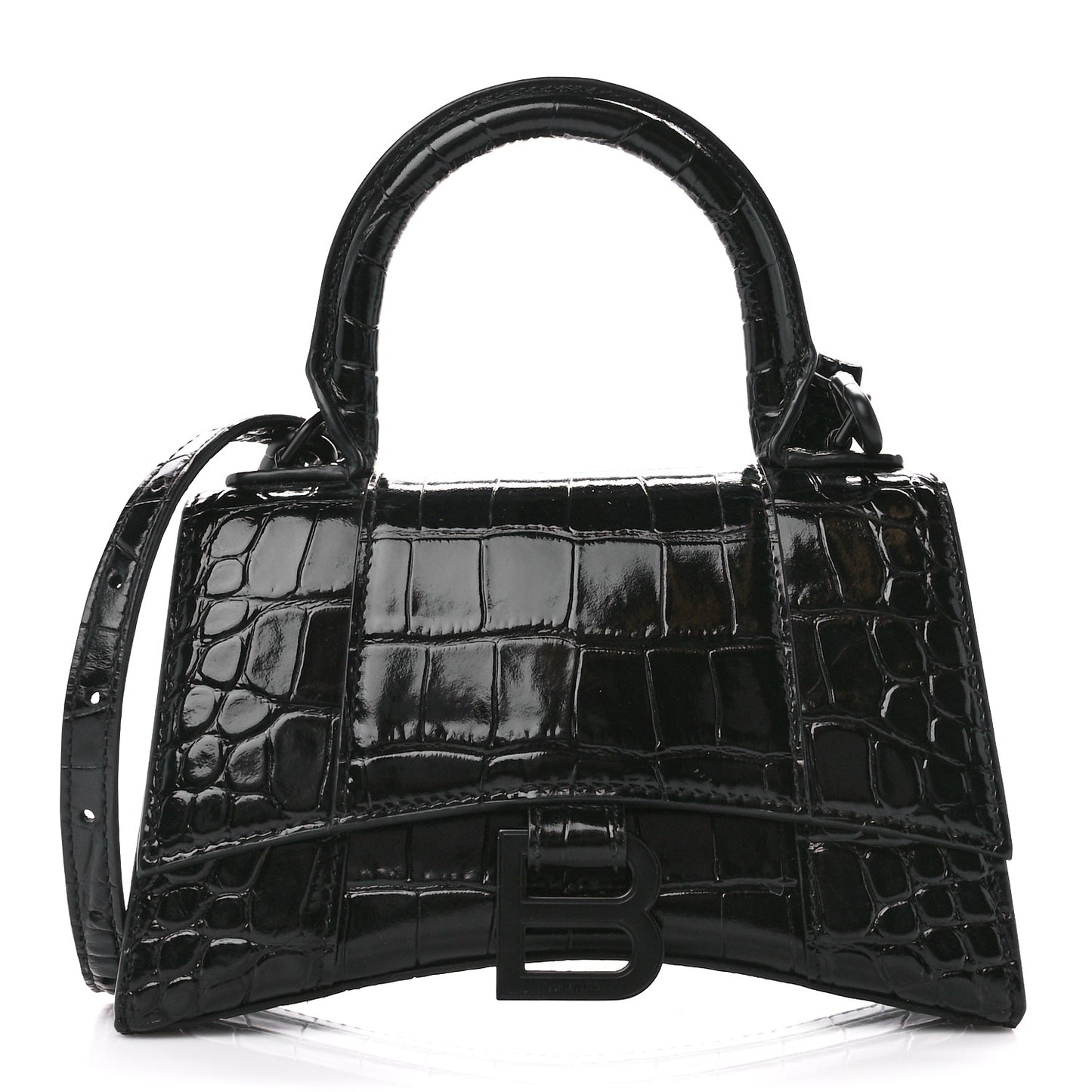 Shiny Calfskin Monochrome Crocodile Embossed Hourglass Top Handle Bag XS Black