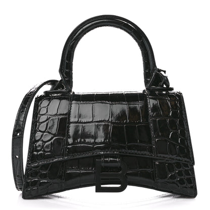 Balenciaga Shiny Calfskin Monochrome Crocodile Embossed Hourglass Top Handle Bag XS Black 1 of 9