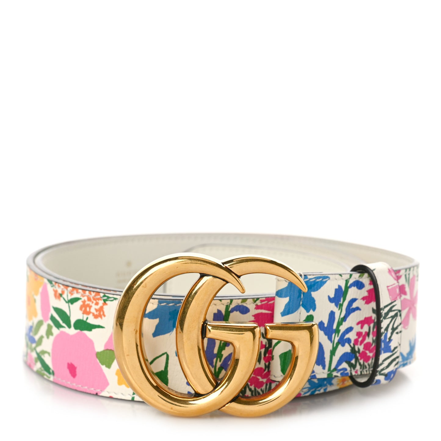 X KEN SCOTT New Shangai Calfskin Jardin D'Avril Floral Print Double G 40mm Belt 90 36 Multicolor