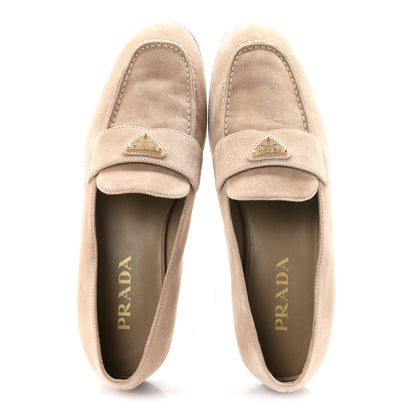 Prada Suede Calfskin Metal Triangle Logo 10mm Loafers 38.5 Corda 2 of 8