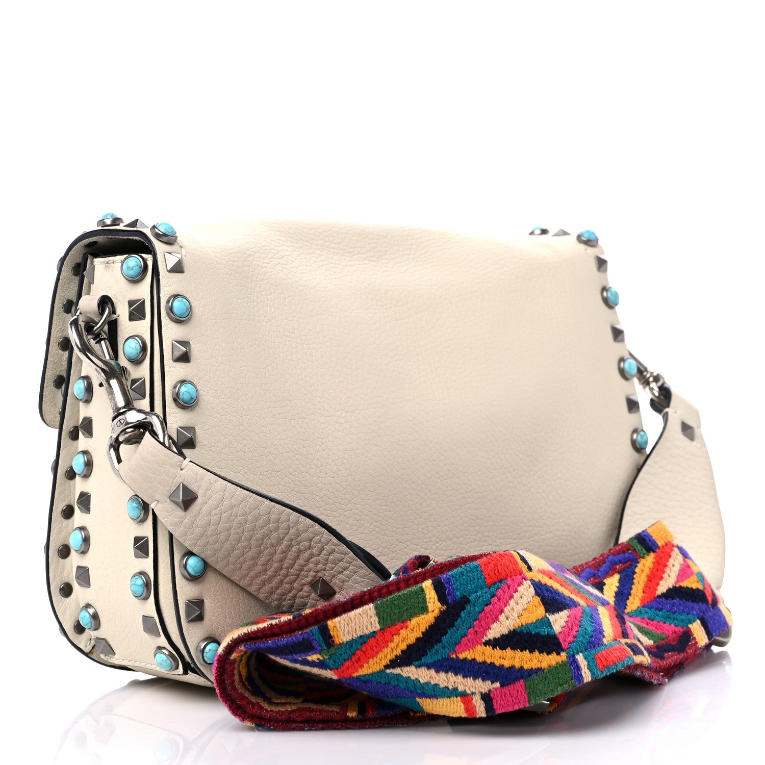 Valentino Garavani Pebbled Calfskin Turquoise Medium Guitar Strap Rockstud Rolling Flap Saddle Bag White 3 of 9