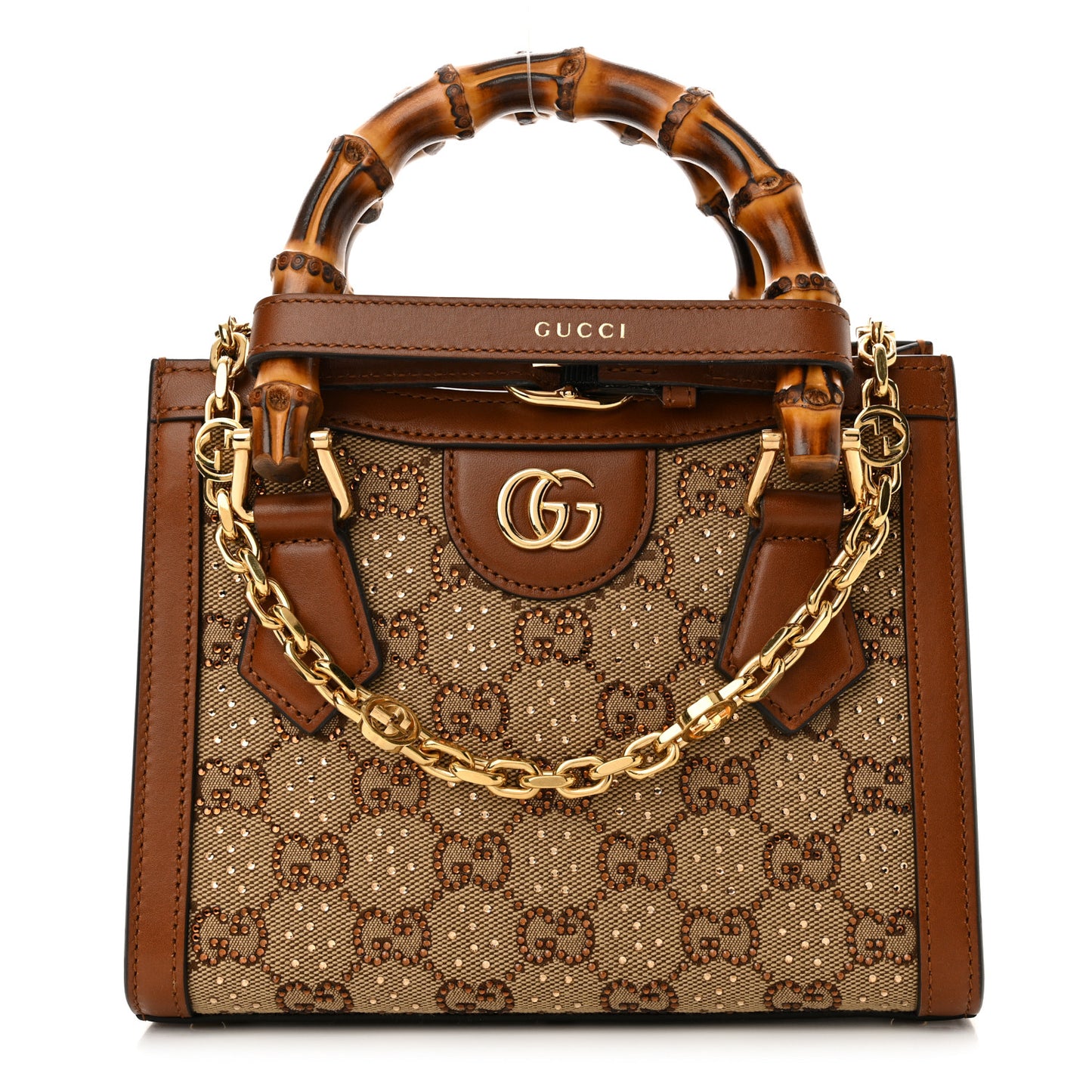 New Canvas Charisma Calfskin Crystal GG Monogram Mini Diana Tote Bag Camel Ebony