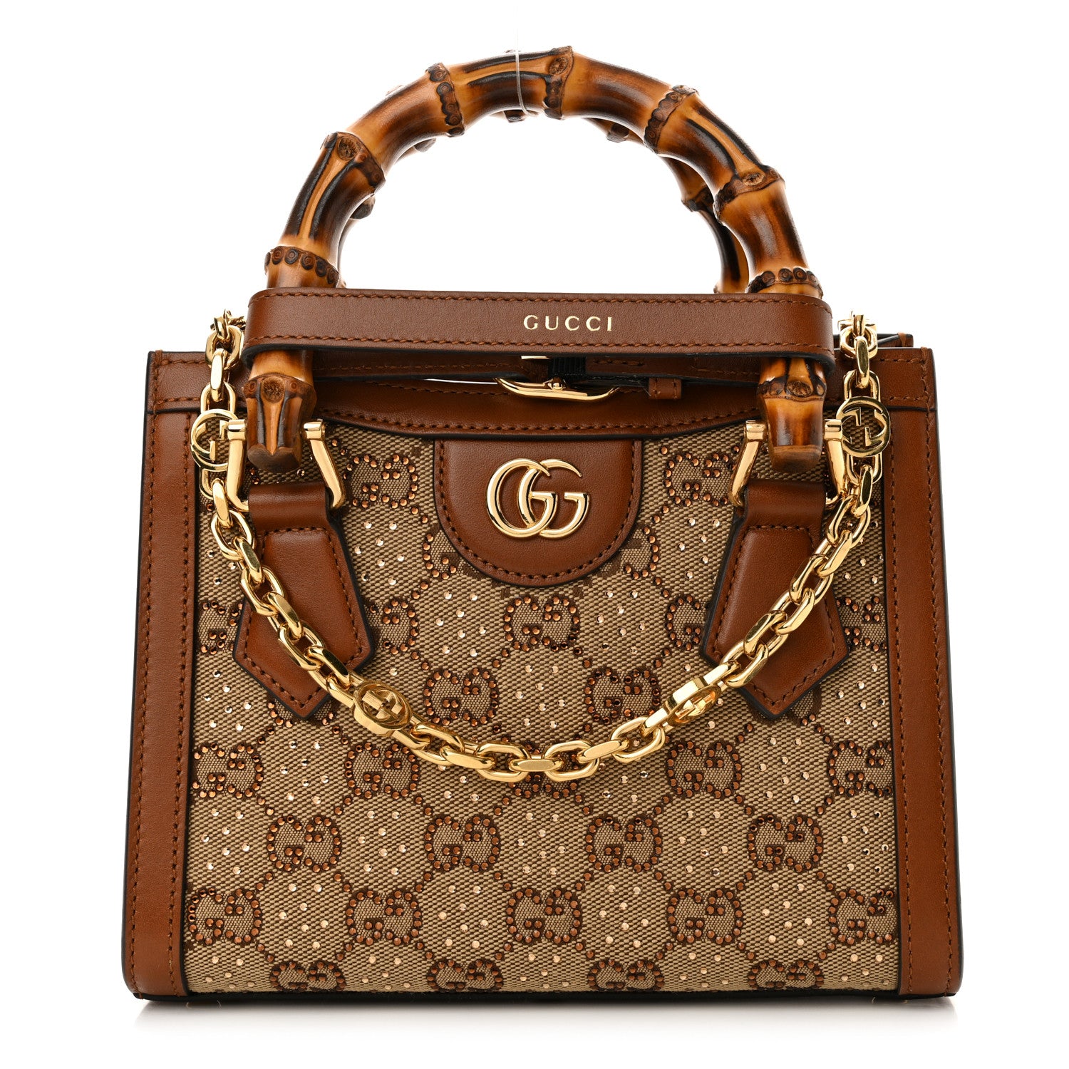 Gucci New Canvas Charisma Calfskin Crystal GG Monogram Mini Diana Tote Bag Camel Ebony 1 of 13