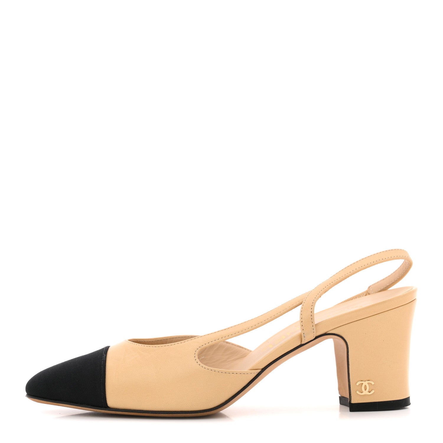 Chanel Goatskin Grosgrain Cap Toe CC Slingback Pumps 36 Beige Black 1 of 13