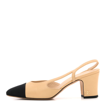 Chanel Goatskin Grosgrain Cap Toe CC Slingback Pumps 36 Beige Black 1 of 13