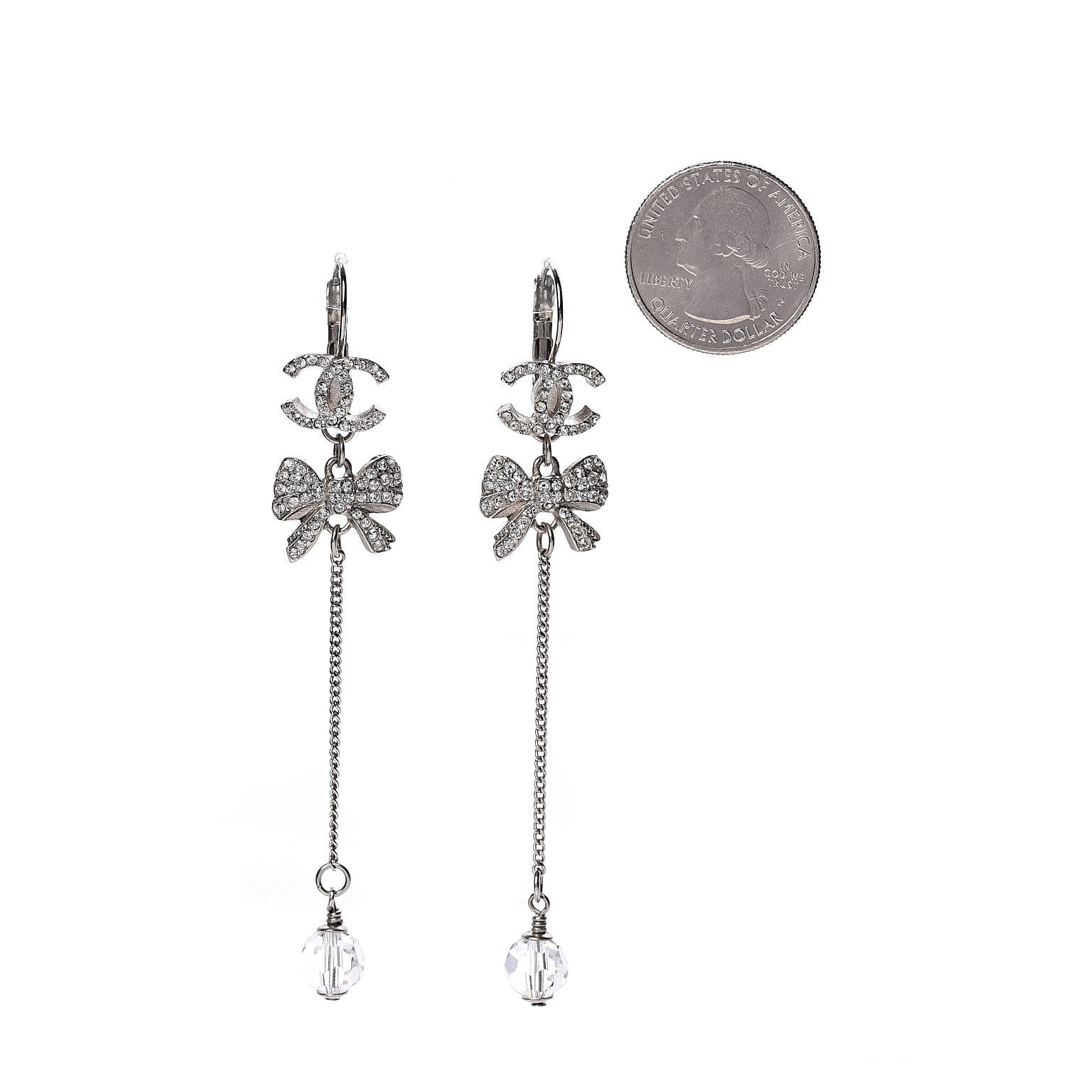 Chanel Crystal CC Bow Drop Earrings Silver 2 of 5