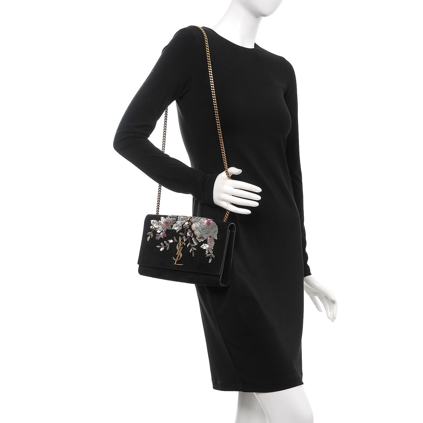 Suede Sequin Medium Monogram Kate Shoulder Bag Black