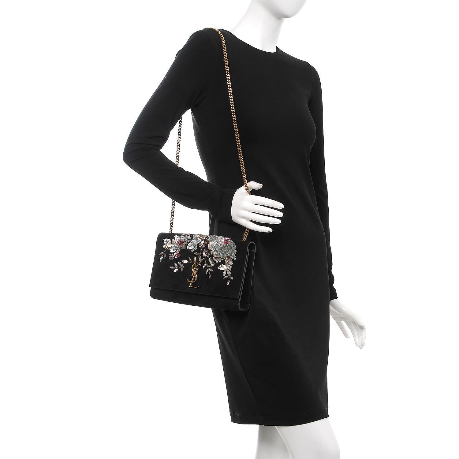 Saint Laurent Suede Sequin Medium Monogram Kate Shoulder Bag Black 2 of 7
