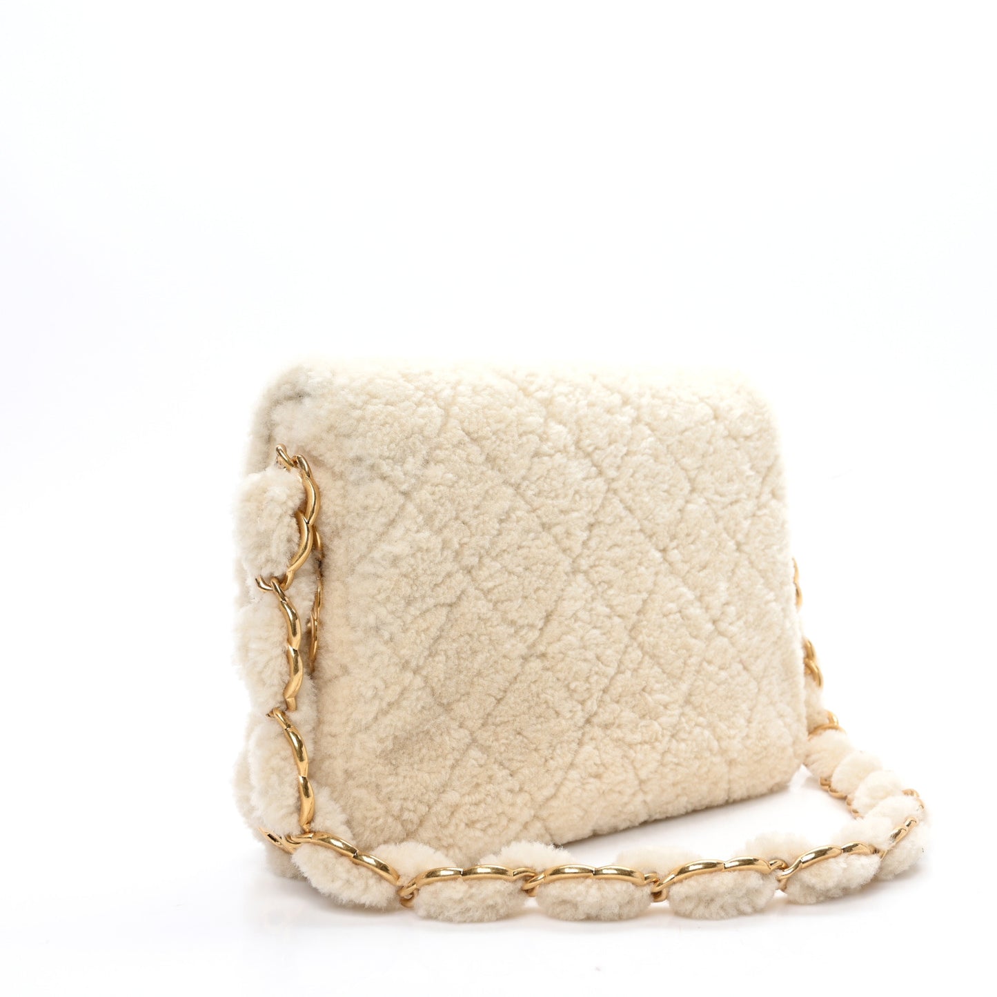 Shearling Lambskin Quilted CC Chain Medium Flap Ecru