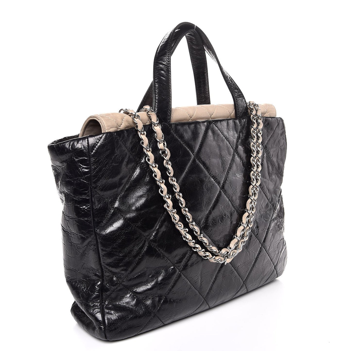 Glazed Calfskin Lambskin Portobello Tote Black Beige