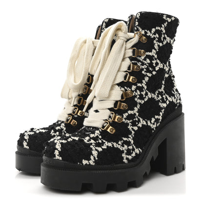 Gucci Tweed GG Monogram Lace Up Combat Ankle Boots 36.5 Black 4 of 8