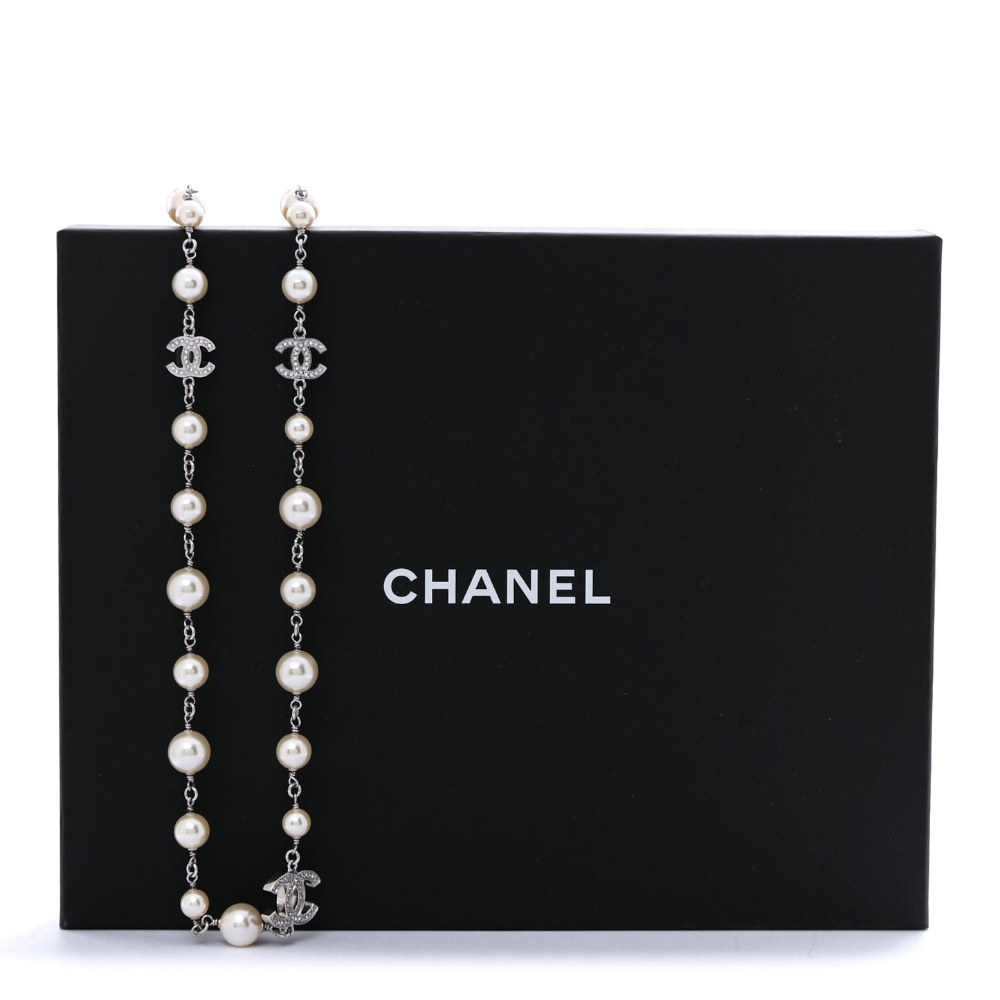 Graduated Pearl Crystal CC Long Necklace Silver