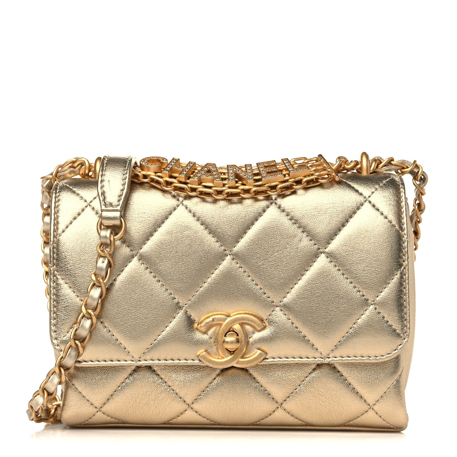 Chanel Metallic Lambskin Quilted Mini CC Crystal Logo Chain Flap Gold 1 of 11