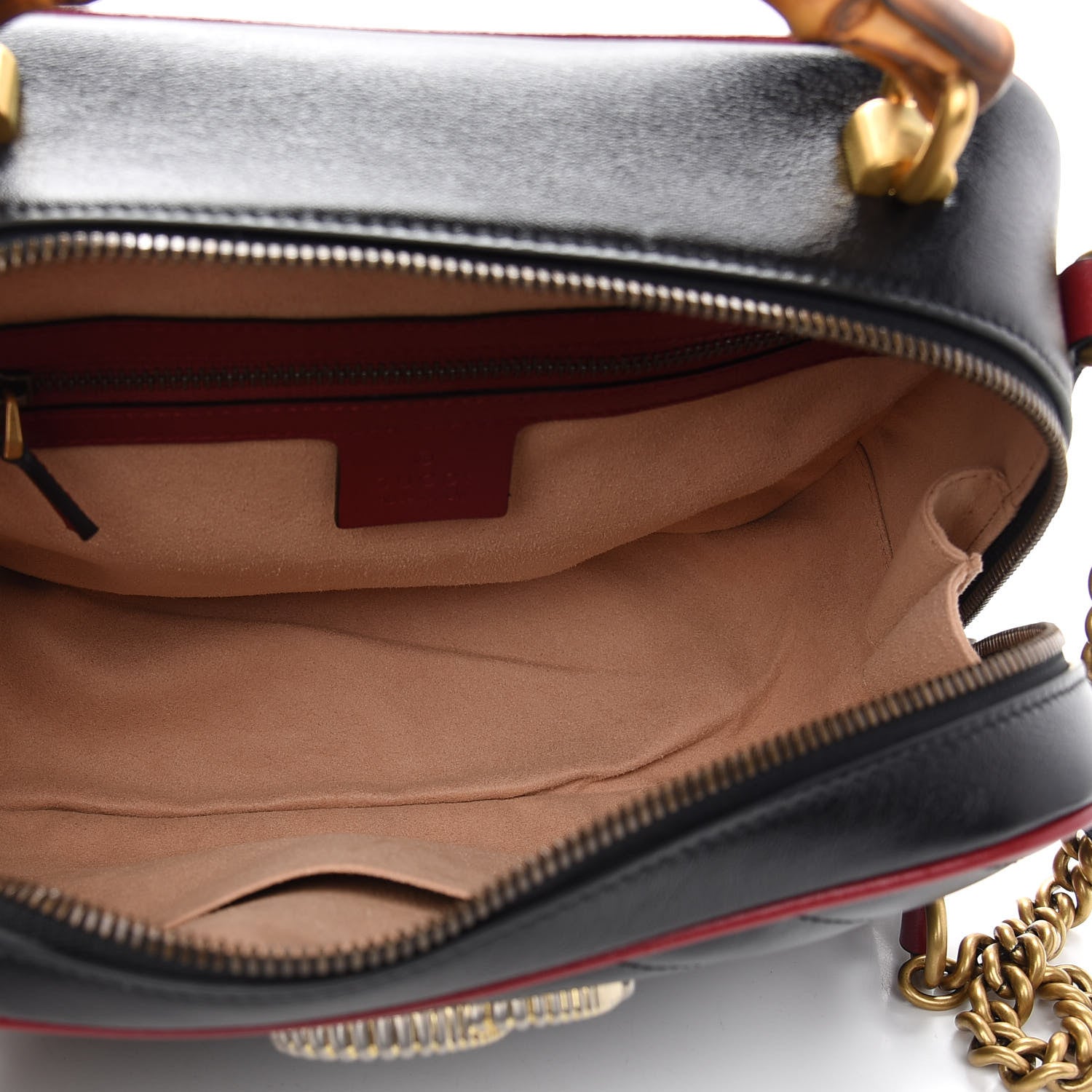 Gucci Vintage Effect Calfskin Matelasse Diagonal Small Torchon GG Marmont Bamboo Top Handle Shoulder Bag Black Romantic Cherry 5 of 9