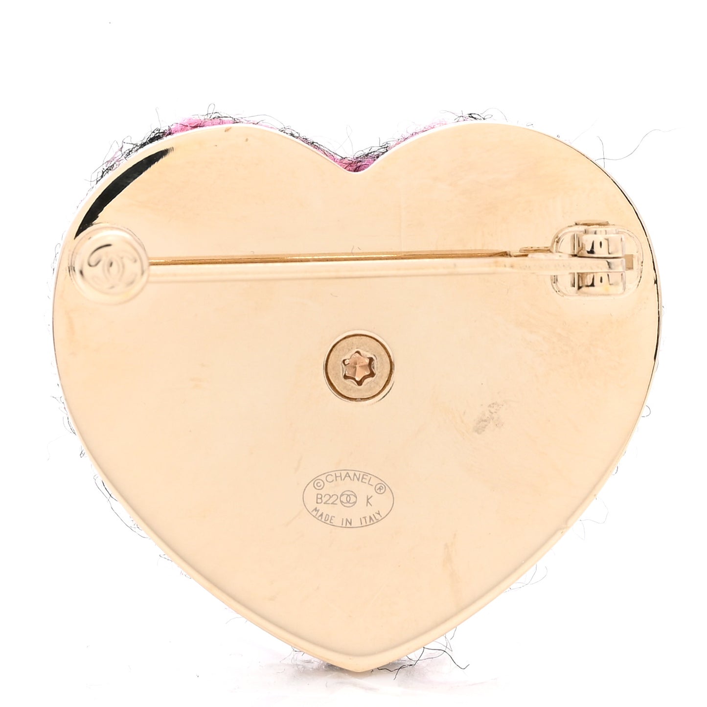 Tweed CC Heart Brooch Pink Black Gold