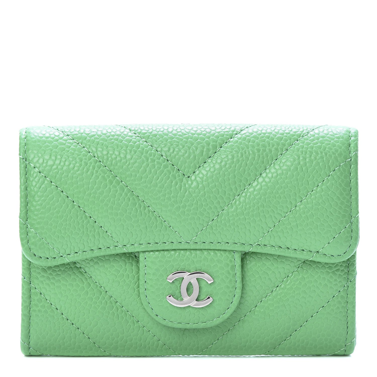Chanel Caviar Chevron Quilted Flap Card Holder Green 1 of 9