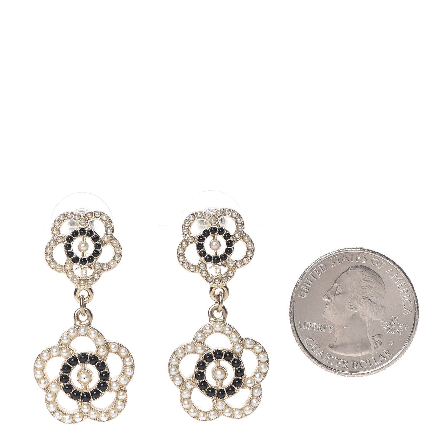 Enamel Pearl Flower Drop Earrings Black Gold