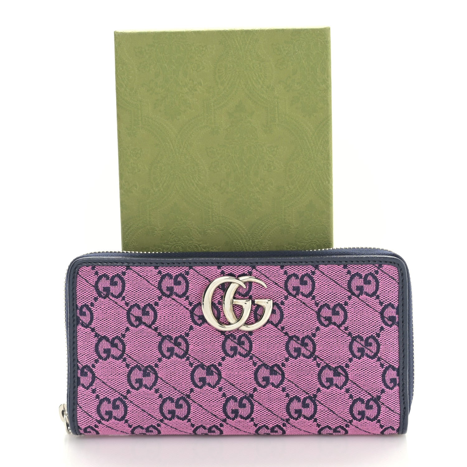 Gucci Monogram Multicolor Matelasse Diagonal GG Marmont Zip Around Wallet Pink Blue 10 of 10