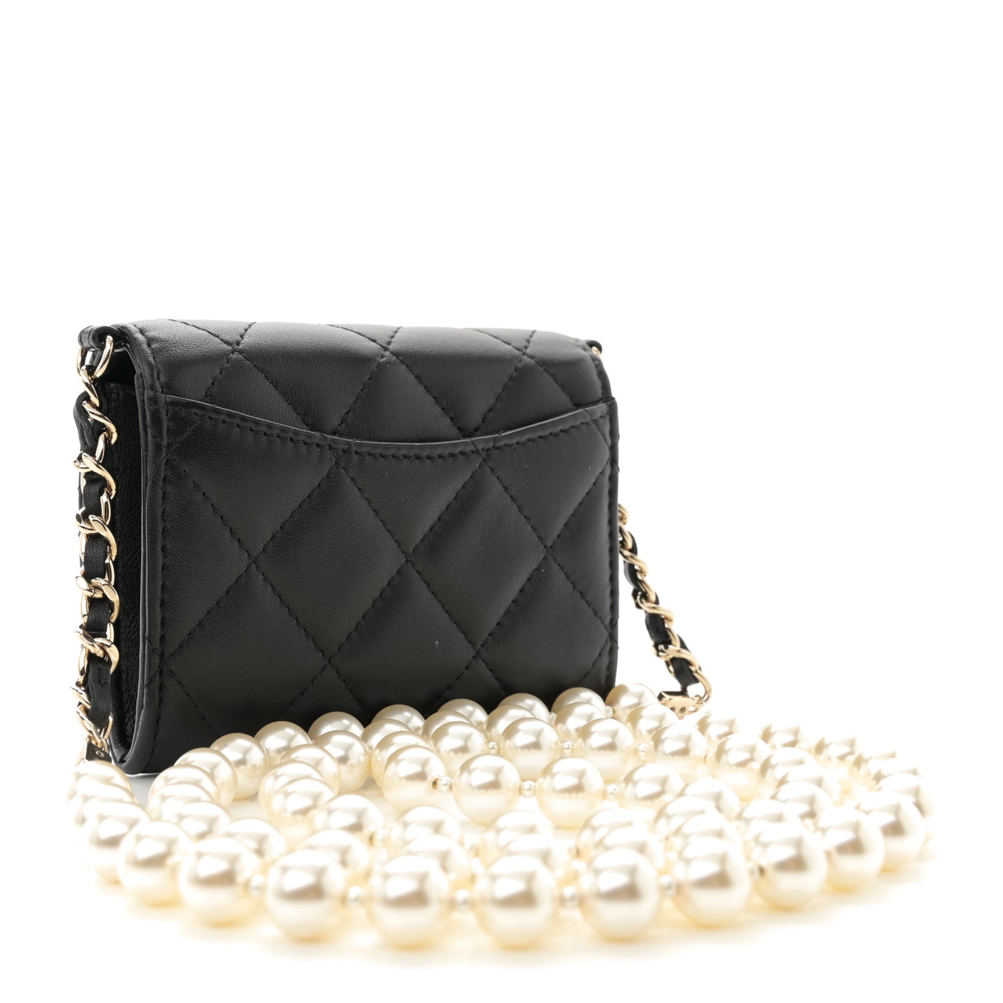 Lambskin Quilted Pearl Card Holder With Chain Black