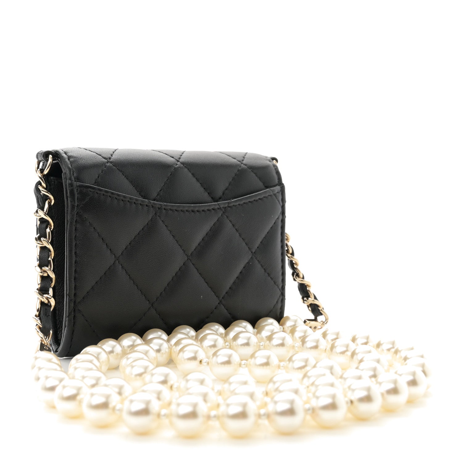 Chanel Lambskin Quilted Pearl Card Holder With Chain Black 3 of 12