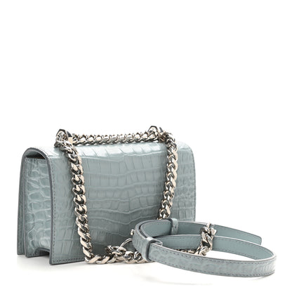 Alexander McQueen Shiny Crocodile Embossed Jeweled Satchel Blue Grey 2 of 11