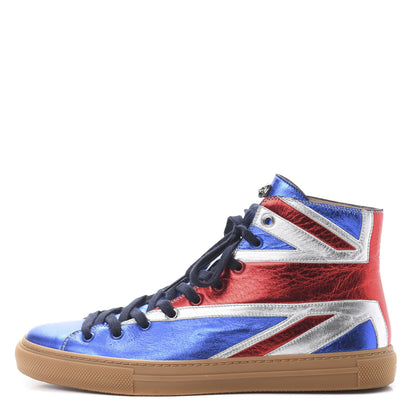 Gucci Metallic Calfskin Union Jack Mens High Top Sneakers 8.5 Red Silver Blue 1 of 7