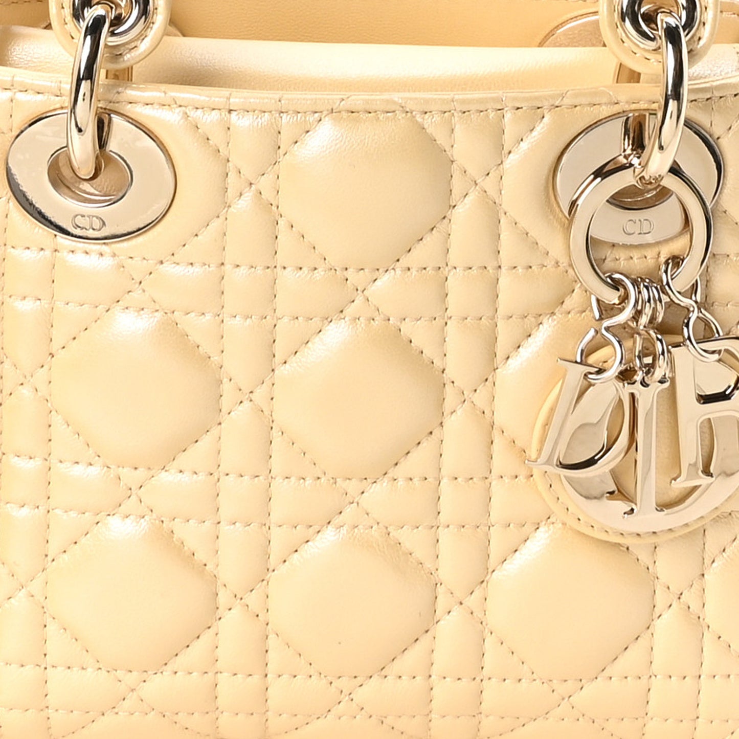 Iridescent Metallic Lambskin Cannage Mini Lady Dior Soft Yellow