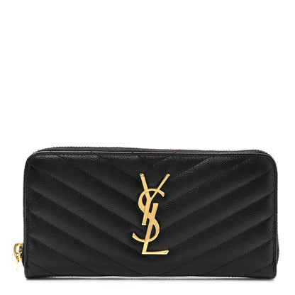 Saint Laurent Grain De Poudre Matelasse Chevron Monogram Zip Around Wallet Black 1 of 8