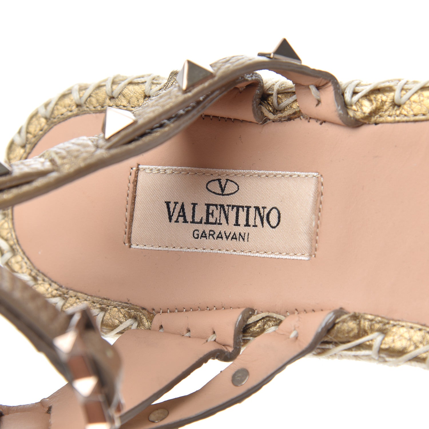 Valentino Garavani Metallic Calfskin Rockstud Ankle Strap Espadrille Flat Sandals 40 Skin 6 of 17