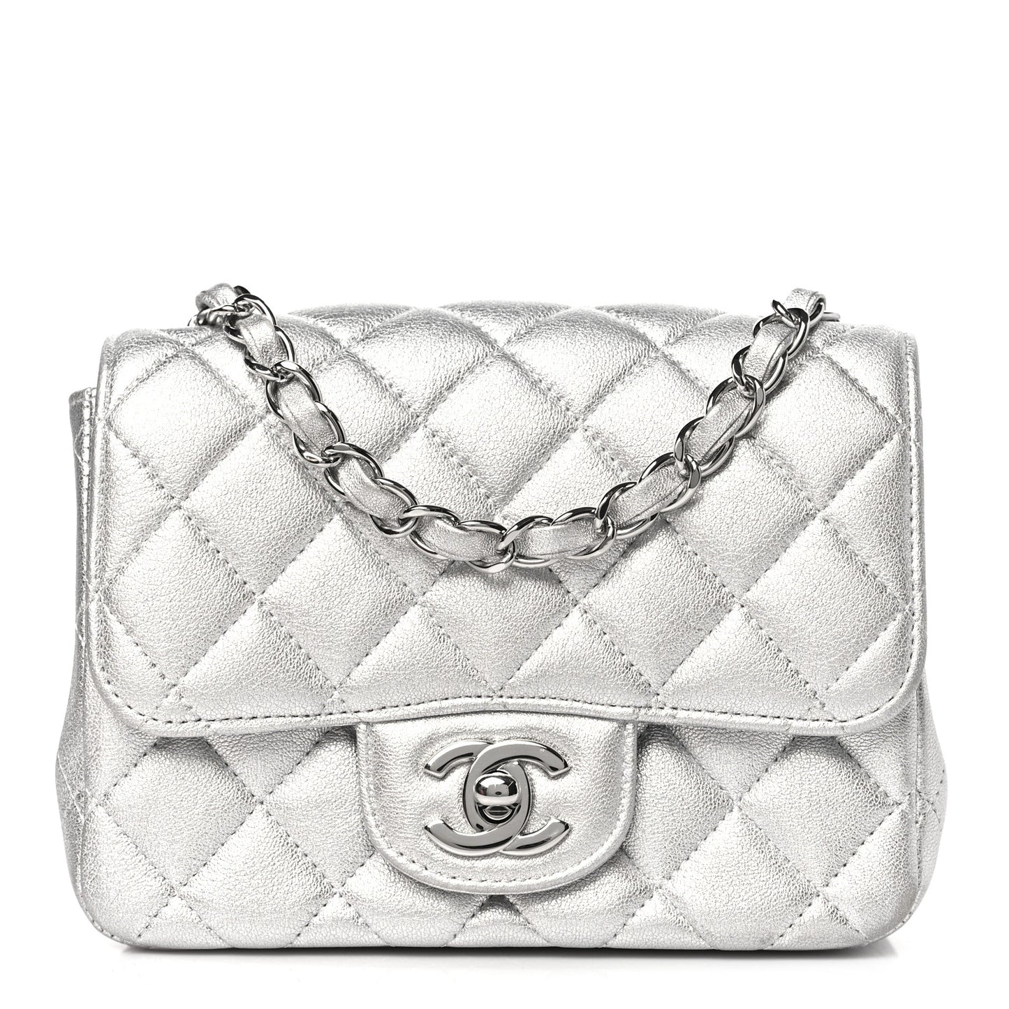 Metallic Lambskin Quilted Mini Square Flap Silver