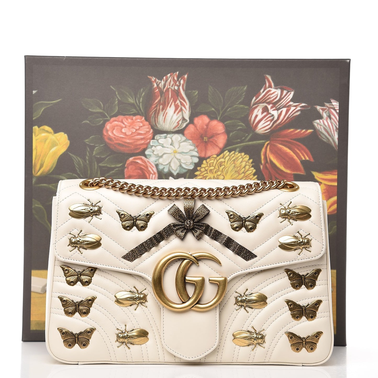 Calfskin Matelasse Animal Studs Medium GG Marmont Shoulder Bag Mystic White