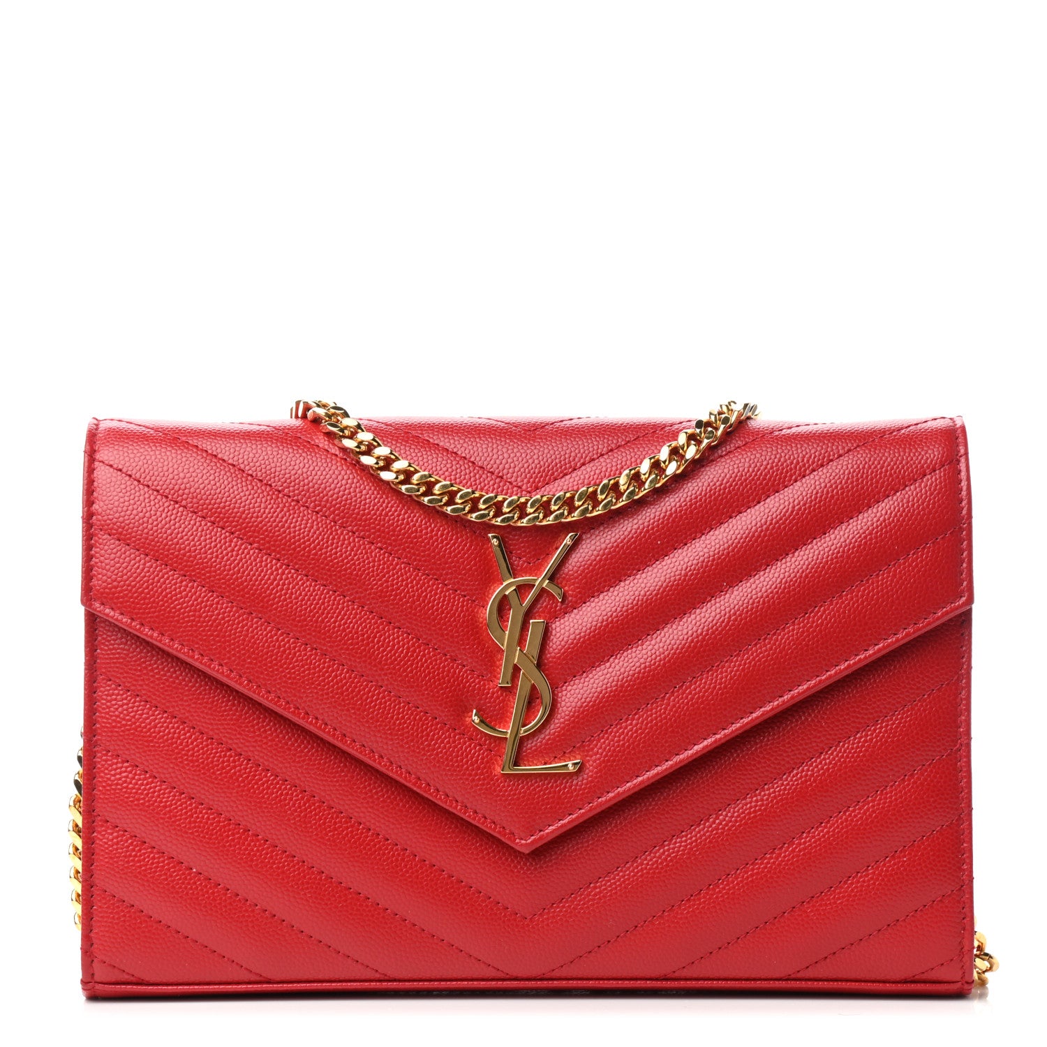 Saint Laurent Grain De Poudre Matelasse Chevron Monogram Chain Wallet New Red 1 of 8