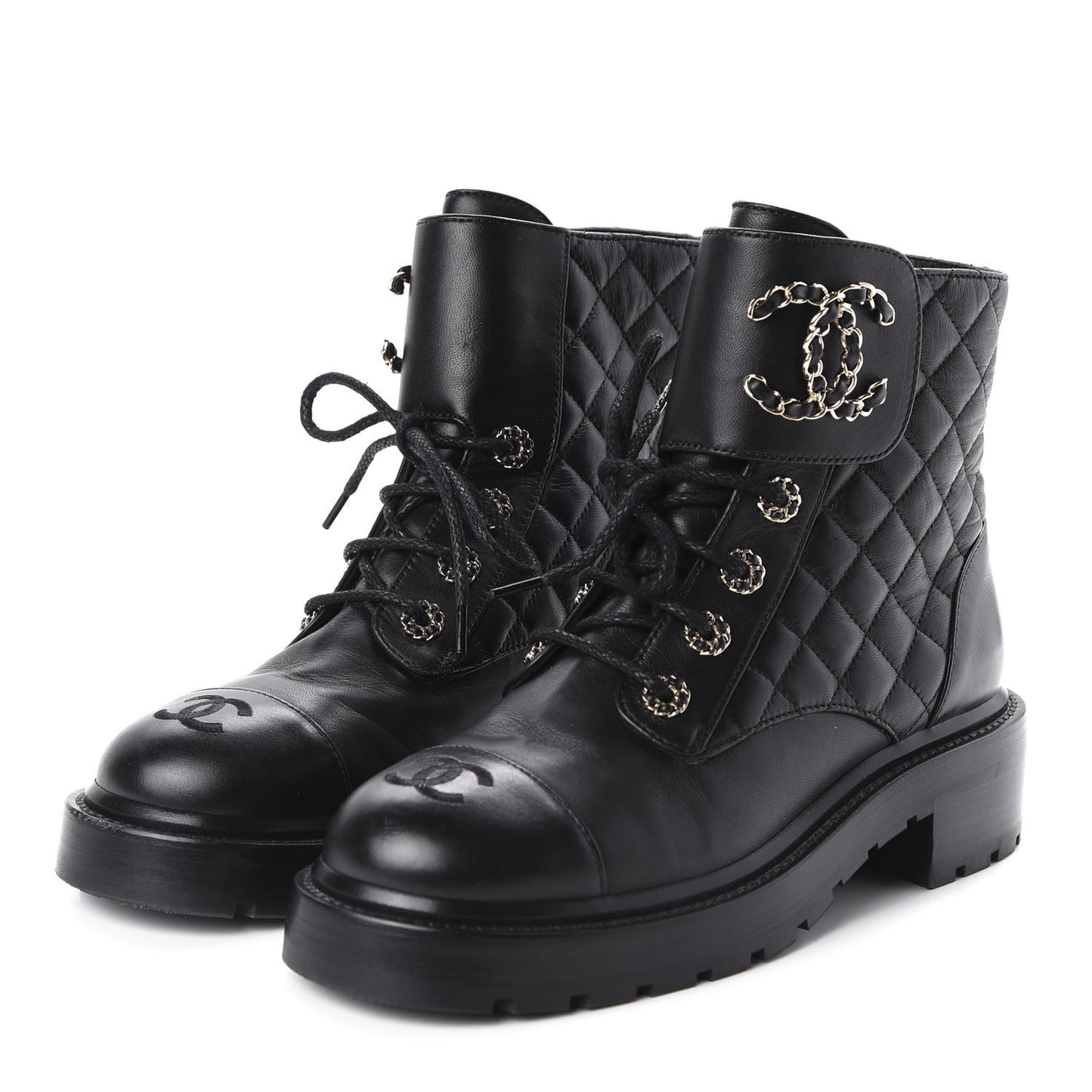 Lambskin Calfskin Quilted Lace Up Combat Boots 37.5 Black