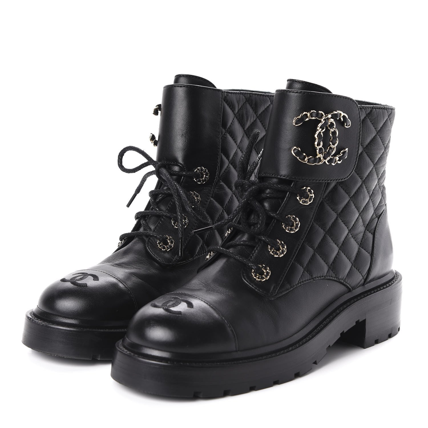 Chanel Lambskin Calfskin Quilted Lace Up Combat Boots 37.5 Black 3 of 9