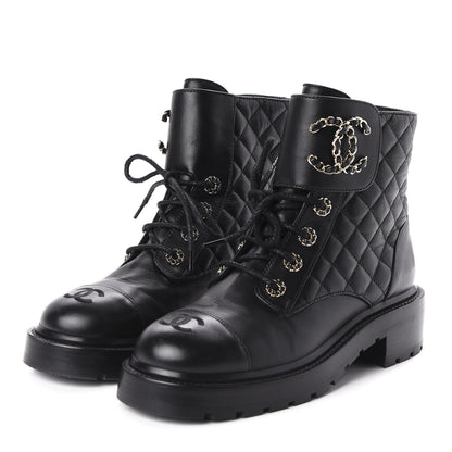 Chanel Lambskin Calfskin Quilted Lace Up Combat Boots 37.5 Black 3 of 9