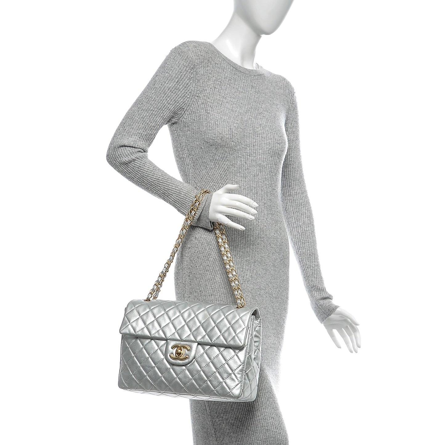 Metallic Lambskin Quilted Maxi Single Flap Silver