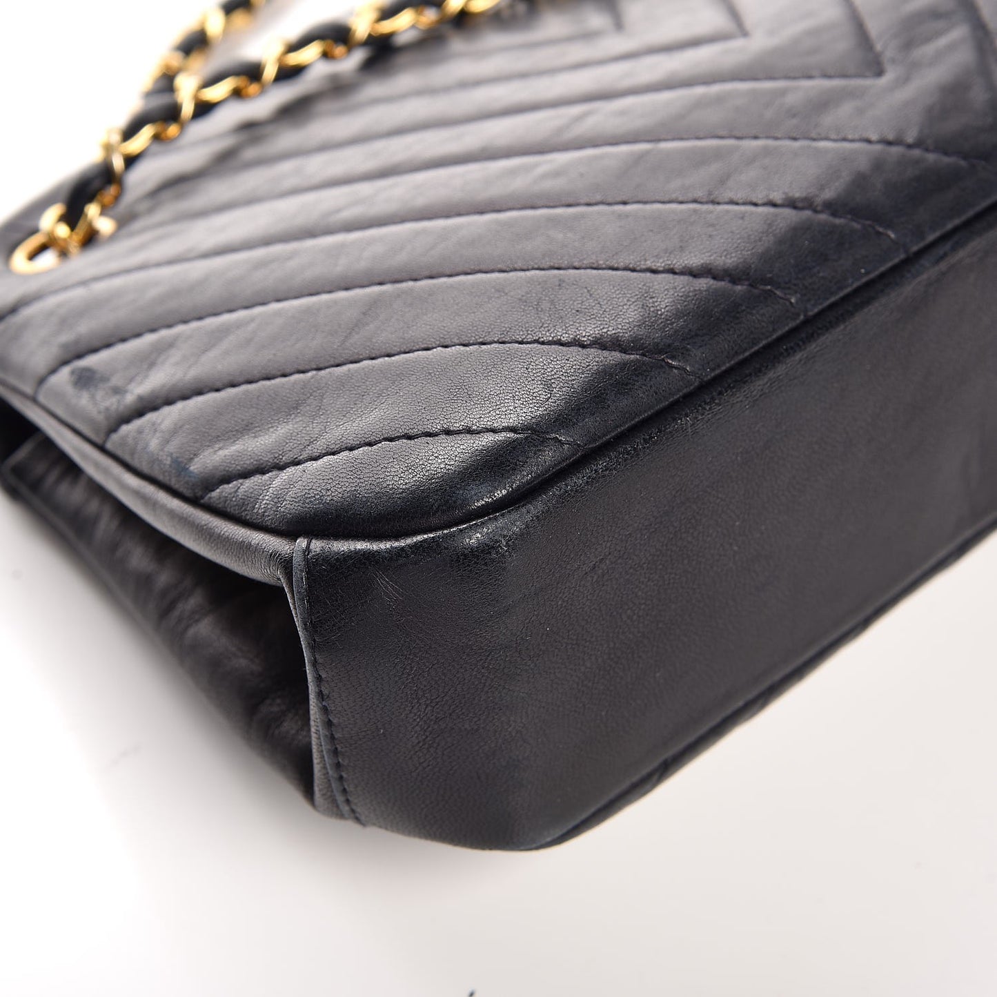 Vintage Lambskin Chevron Quilted Frame Shoulder Bag Navy