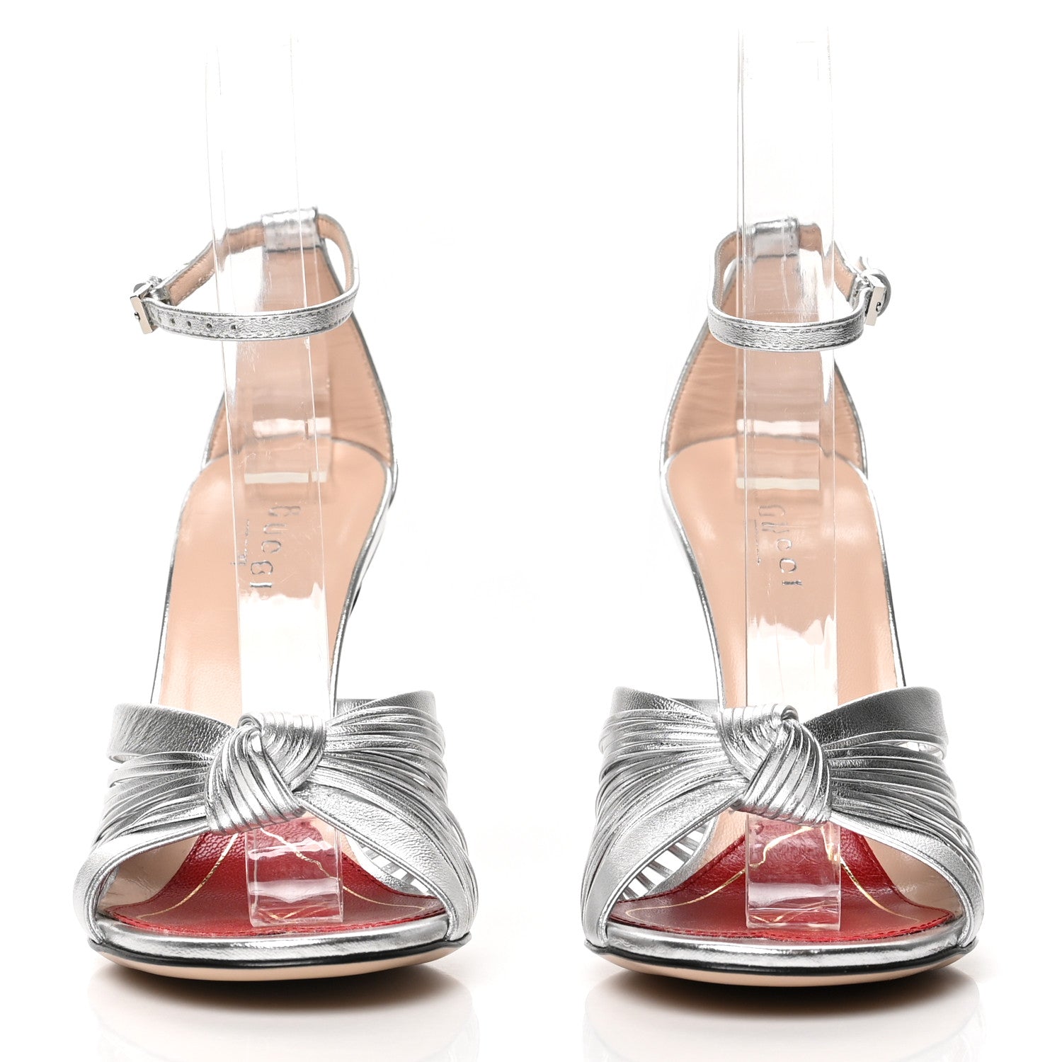 Gucci Metallic Nappa Crawford Knot Ankle Strap Sandals 35.5 Silver 2 of 9