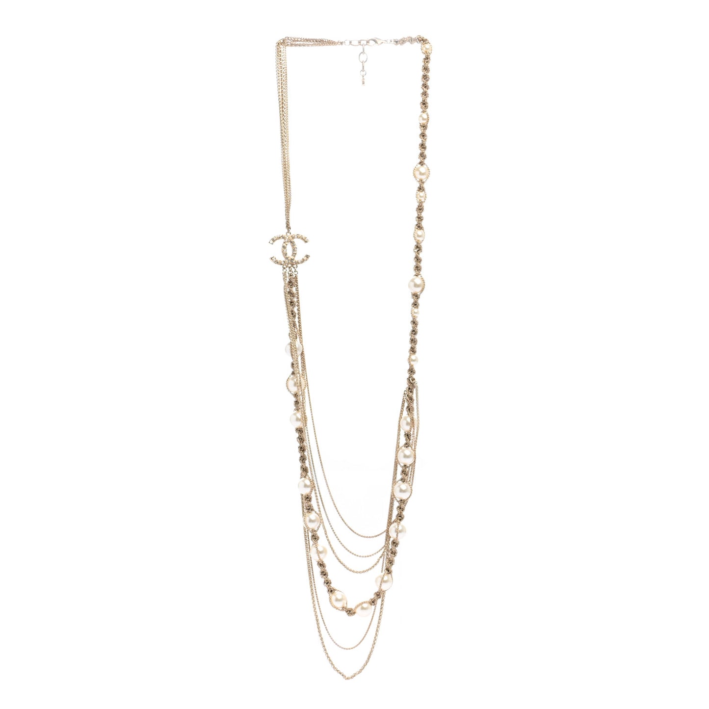 Pearl Chain CC Long Multistrand Necklace Gold
