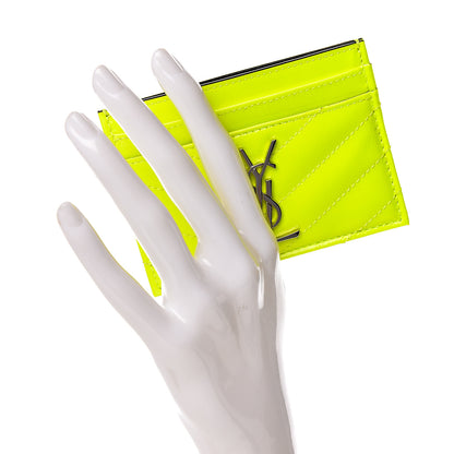Saint Laurent Patent Grain De Poudre Matelasse Chevron Monogram Credit Card Case Neon Yellow 2 of 9