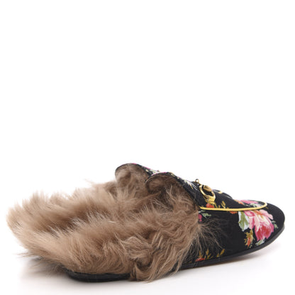 Gucci Velvet Fur Floral Womens Princetown Slippers 39 Black 4 of 8
